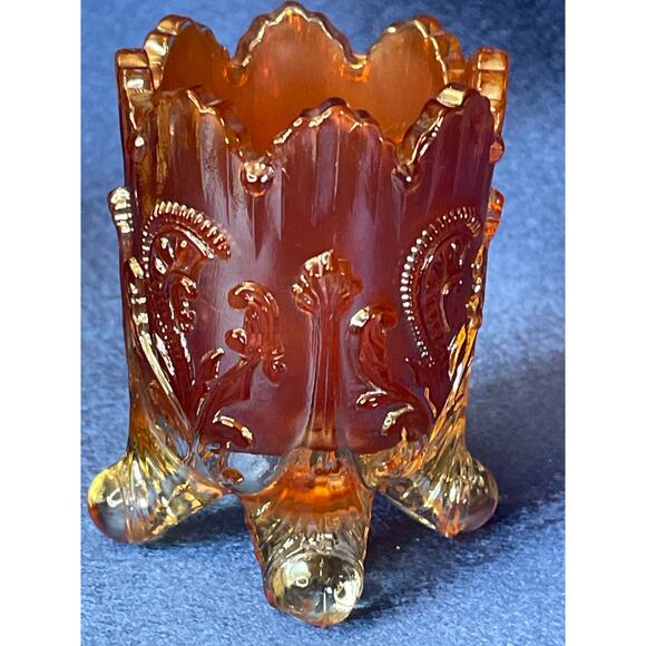 Vintage Carnival Glass Marigold Fan and Feather Footed Toothpick Holder - Picture 6 of 6
